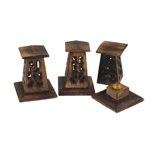 4" carved wooden incense cone tower set with intricate smoke holes, handcrafted lighthouse design from India