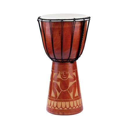 Small Djembe Mahogany drum 8 inches tall with carved design and rope tuning