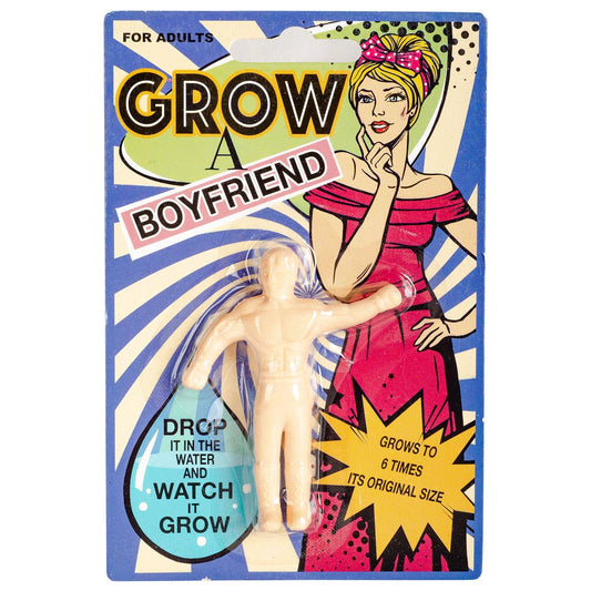 Grow a Boyfriend novelty toy packaging with illustration and grow-in-water figure inside
