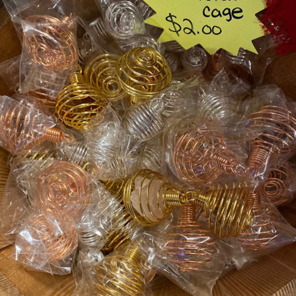 Assorted wire crystal cages in gold, silver, and copper colors for securing crystal pendants priced at $2.00 each