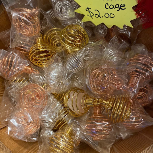 Assorted wire crystal cages in gold, silver, and copper colors for securing crystal pendants priced at $2.00 each