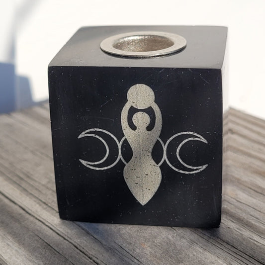 Black Onyx Pyrite Candle Holder with etched goddess and triple moon design