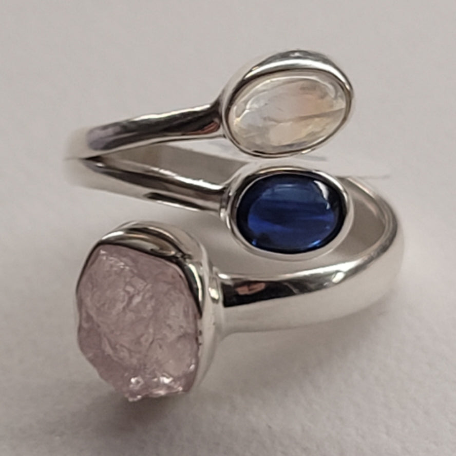 *Ring Morganite Blue Kyanite Rainbow Moonstone Size 6