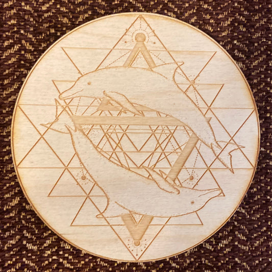 Wooden Dolphin Crystal Grid with geometric sacred patterns engraved