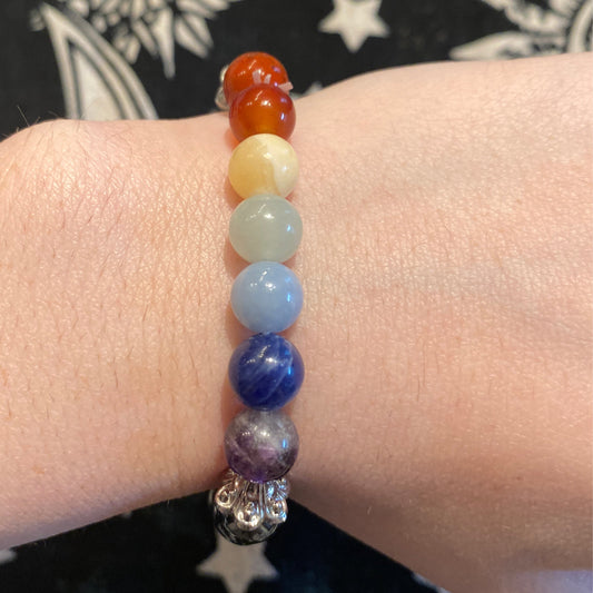 Hematite chakra bracelet with multicolor gemstone beads on wrist