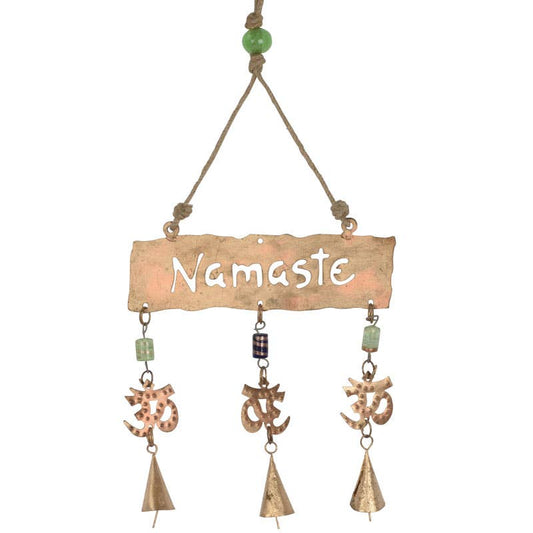 Recycled Namaste Windchime 19 inch long with hanging Namaste sign and metal bells decorated with beads
