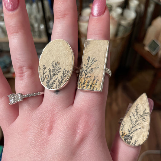 Hand wearing three adjustable Rings Psilomeiane Dendrite with unique dendrite stone patterns and one silver gemstone ring