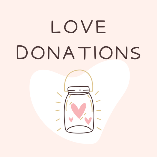 Love Donation illustration with hearts in a jar and text offering support to Crystals of Quartz team