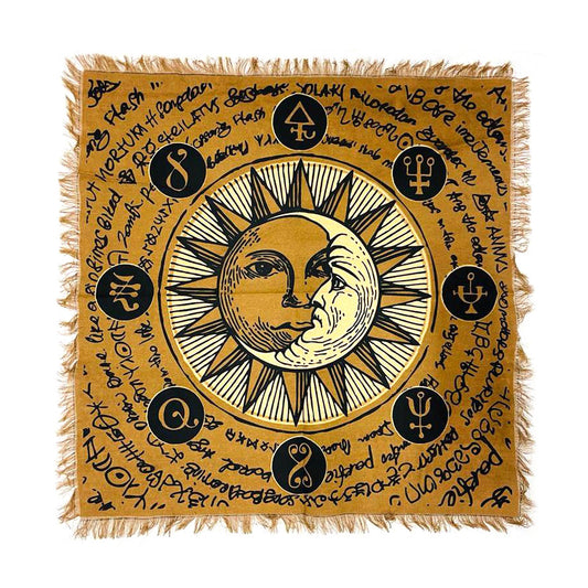 18" altar cloth tapestry with sun and moon design, astrological symbols, and fringe edges, square spiritual decorative fabric