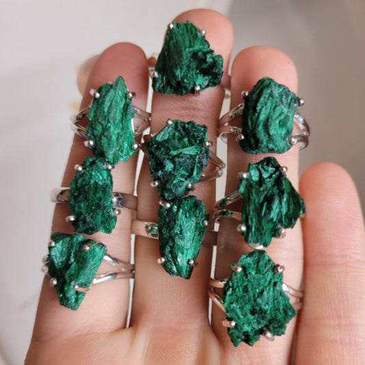 collection of silver rings with raw fibrous malachite stones on finger ring fibrous malachite jewelry accessory
