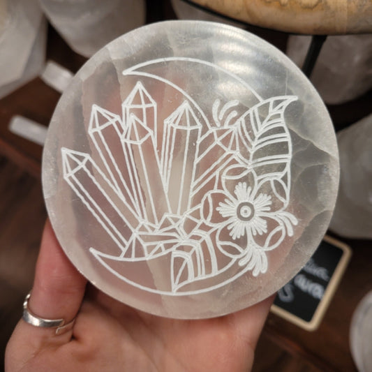 Moon & Crystal Engraved Selenite Plate with charging crystals and floral design