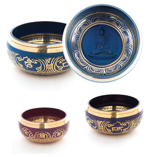 Hand painted singing bowls 4.5 inch with intricate gold designs and Buddha engraving