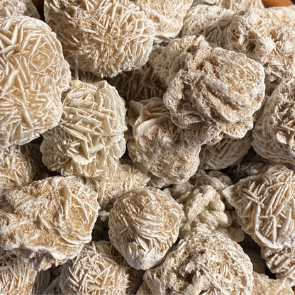 Close-up of multiple beige Desert Rose tumble stones with intricate crystal patterns