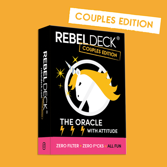 REBEL Deck Couples Edition funny modern oracle cards box with unicorn graphic and bold text on orange background