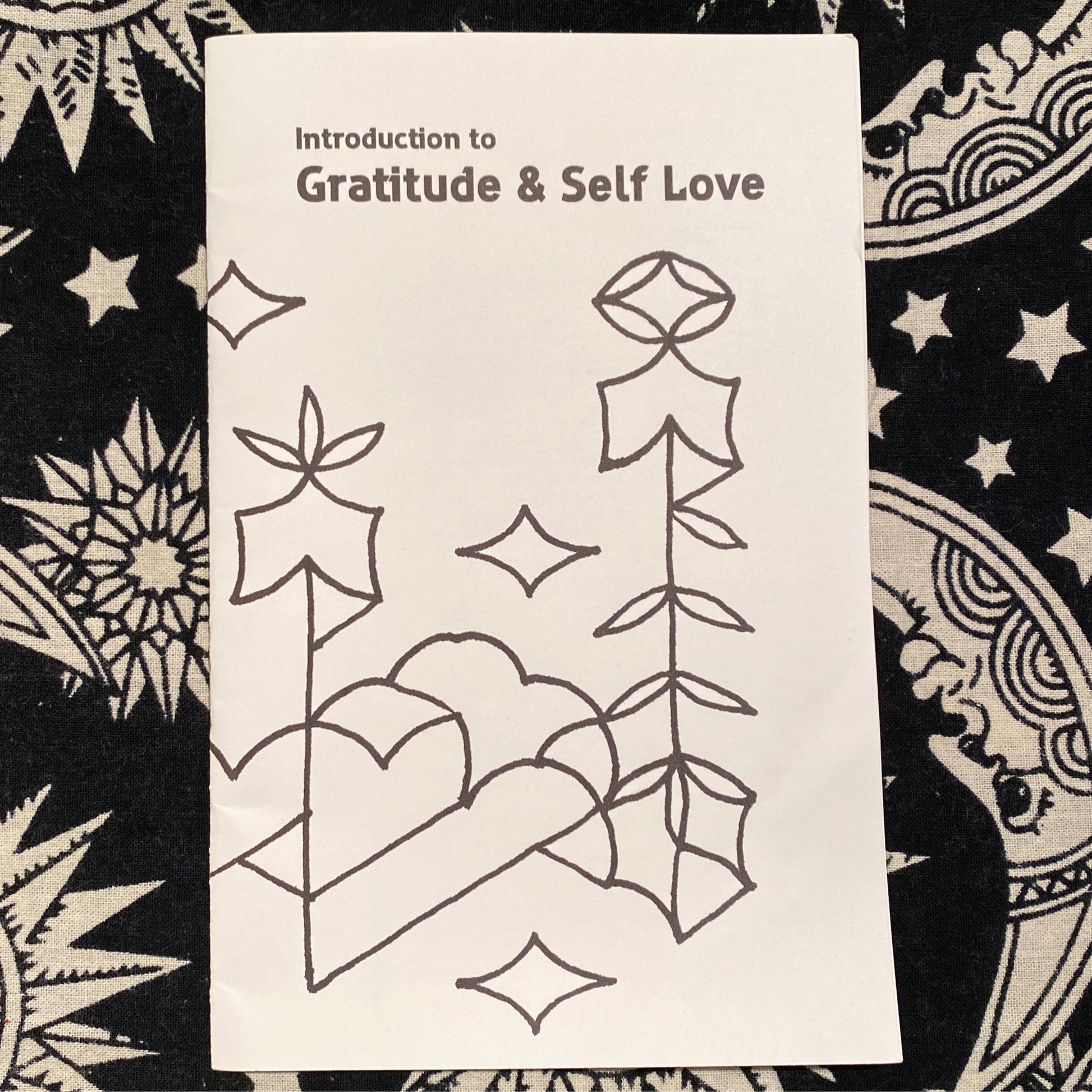 Front cover of a booklet titled Introduction to Gratitude & Self Love with simple line art illustrations on a star-patterned background