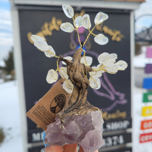 Raw crystal tree with citrine stones and twisted wooden trunk decorative piece