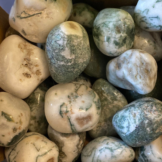 close-up of polished tumble tree agate stones with green and white patterns promoting peace and tranquility